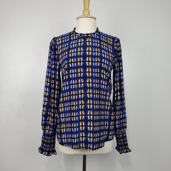 Rachel Zoe Contemporary Fit Geometric Print Ruffle Neck Top With Shirred Cuff M - Picture 1 of 11